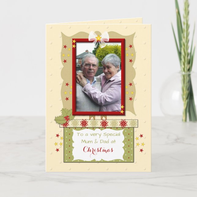 Speciella mamma och pappa vid julfoto hälsning helgkort (Framsida)