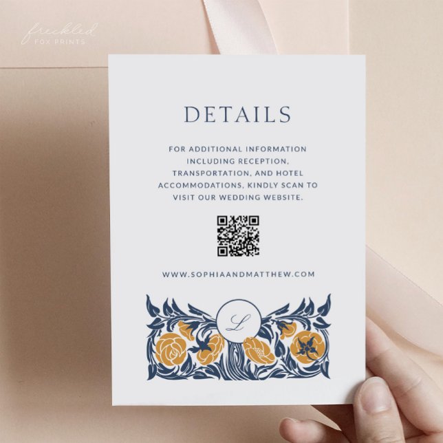 Specifikationskort för Blommigt Monogram med QR Tilläggskort (Floral Art Nouveau Monogram Wedding Details Card with QR code)