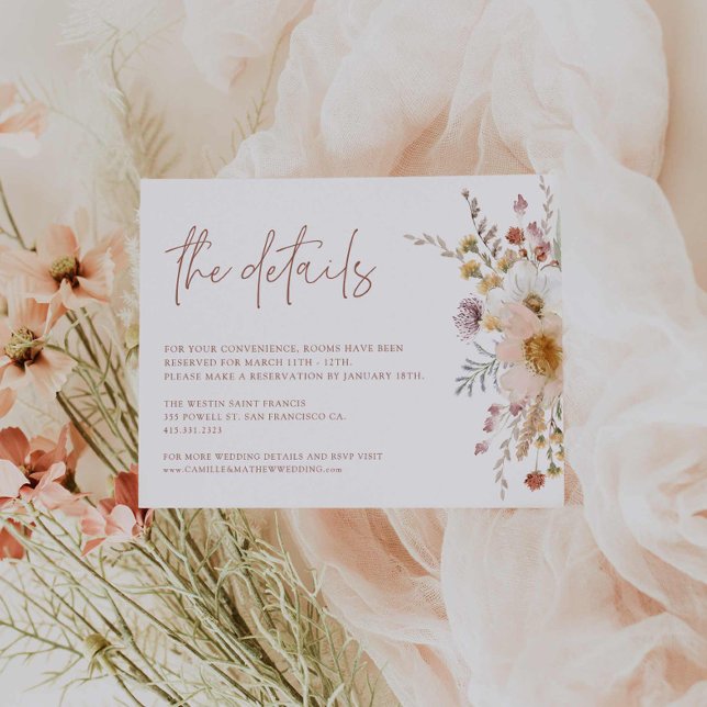 Specifikationskort för Boho Blommigt Bröllop Tilläggskort (Boho Floral Garden Wedding Details Card)