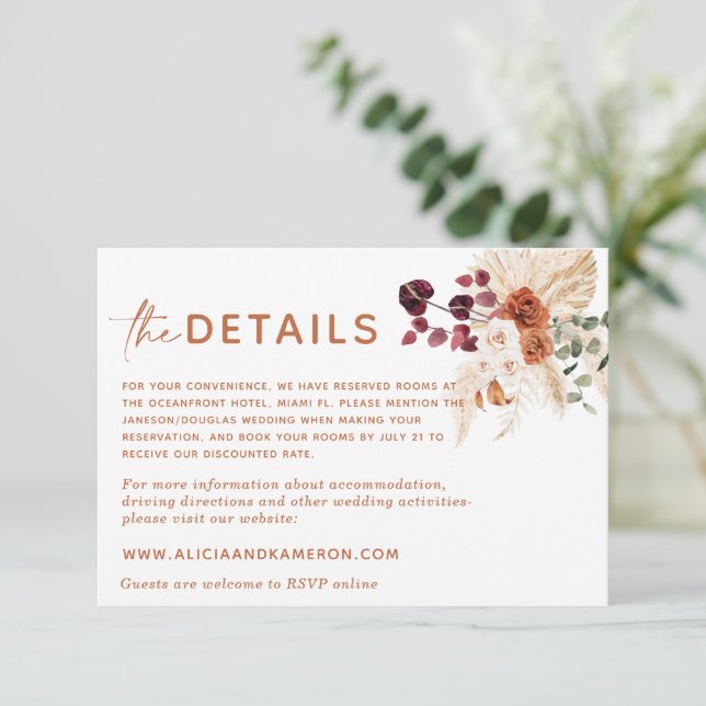 Specifikationskort för Boho Pampas Burnt Orange Br Tilläggskort (Stående Fram)