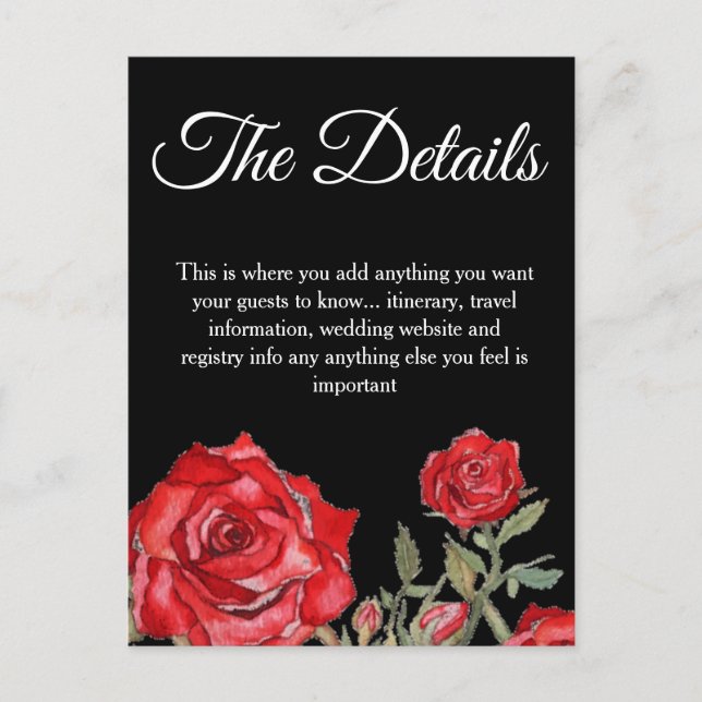 Specifikationskort för Elegant bröllop i röd ros-v Vykort (Framsida)