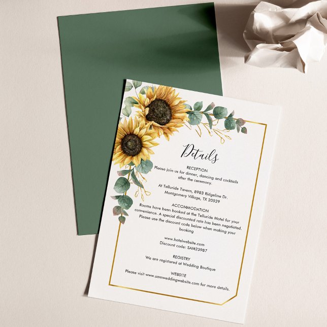 Specifikationskort för eukalyptus Solros Bröllop (Sunflower Eucalyptus Floral Wedding Details Card)