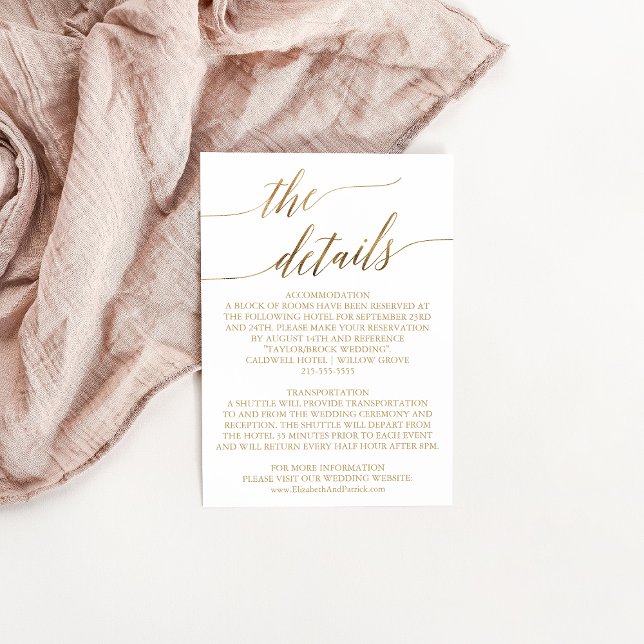 Specifikationskort för Guld Calligraphy Bröllop Tilläggskort (Skapare uppladdad)