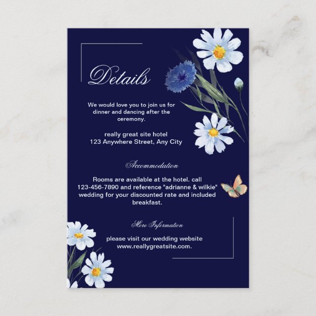 Specifikationskort för marint blått Blommigt Bröll Tilläggskort (Framsida)