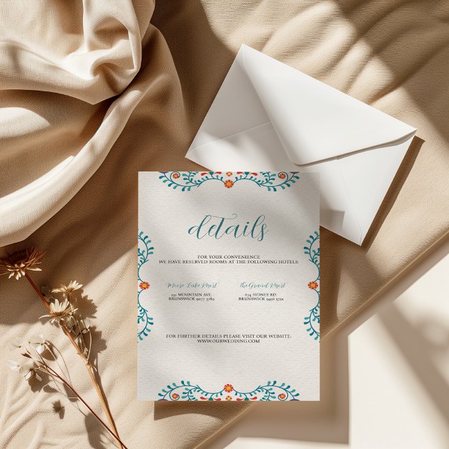Specifikationskort för mexikanska Fiesta Blommigt  (Mexican Fiesta Floral Wedding Details Card)