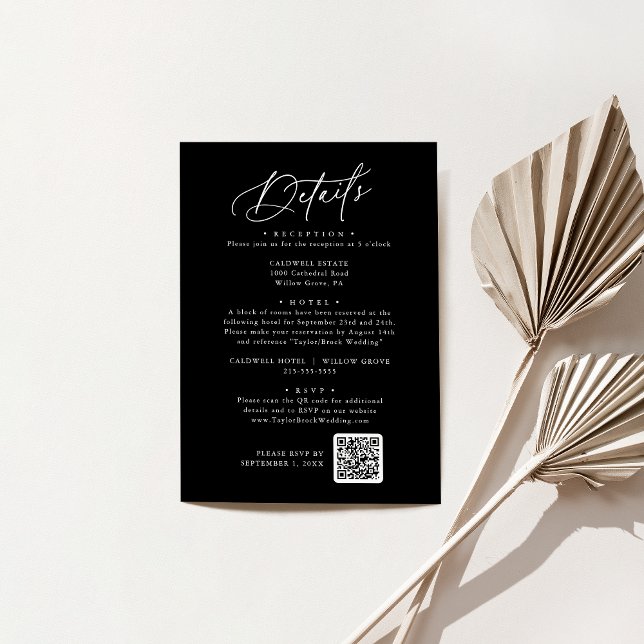 Specifikationskort för Mörk i elegant med svart Br Tilläggskort (Elegant Charm Dark Black Wedding Details Card)