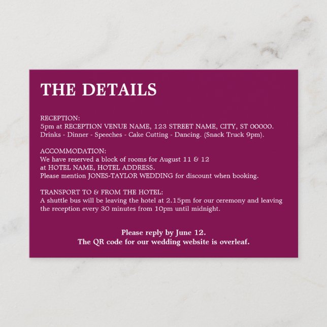 Specifikationskort för Mulberry Vin QR-kod Bröllop Tilläggskort (Framsida)