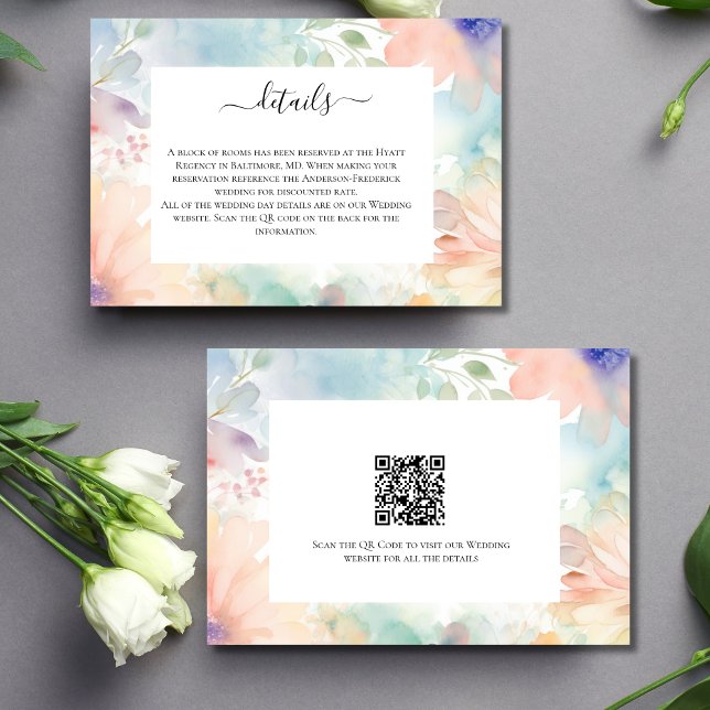 Specifikationskort för Pastel Watercolor Blommigt  Inbjudningar (Pastel Floral Watercolor Wedding Details Card with QR code)