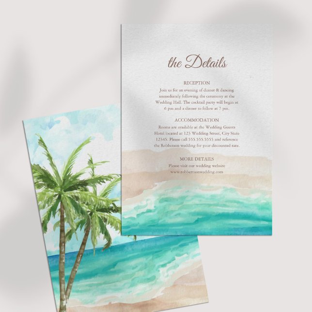 Specifikationskort för Tropical Beach och Handflat Inbjudningar (Tropical Beach and Palm Trees Wedding Details Card on a white table)