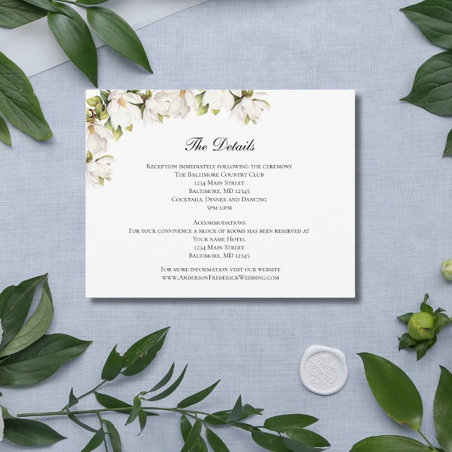 Specifikationskort för Vita Magnolia Bröllop Tilläggskort (White Magnolia Floral Wedding Details card)