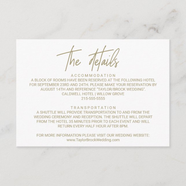 Specifikationskort för Whimsical Guld Calligraphy  Tilläggskort (Framsida)