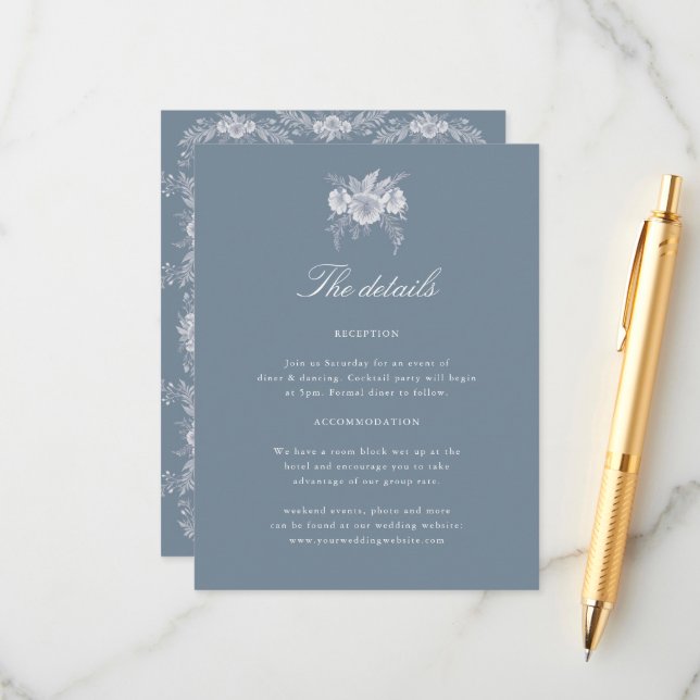 Specifikationskort Viktorian-stil Bröllop i blått  Tilläggskort (Fram/Back In Situ)