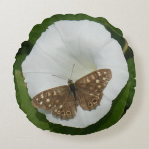 Specklad träfjäril på Bindweed Round Pillow Rund Kudde