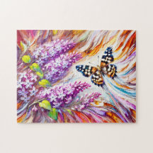 Specklad Wood Butterfly med Lilac i Oljemålning