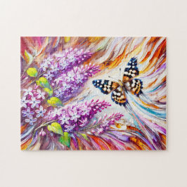 Specklad Wood Butterfly med Lilac i Oljemålning Pussel