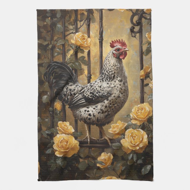 Speckled Hen with Yellow Roses Oil Painting Kökshandduk (Vertikal)