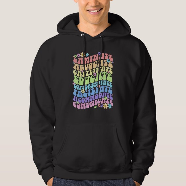 Sped Caffeinate Advocate Laminate Educate Groovy T Hoodie (Framsida)