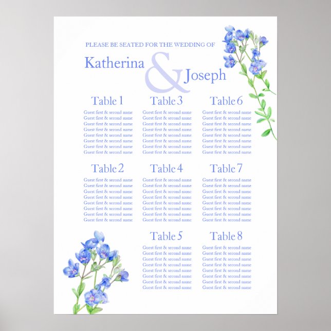 Speedwell blå Bröllops Sittplatsschema 1-8 Poster (Framsidan)
