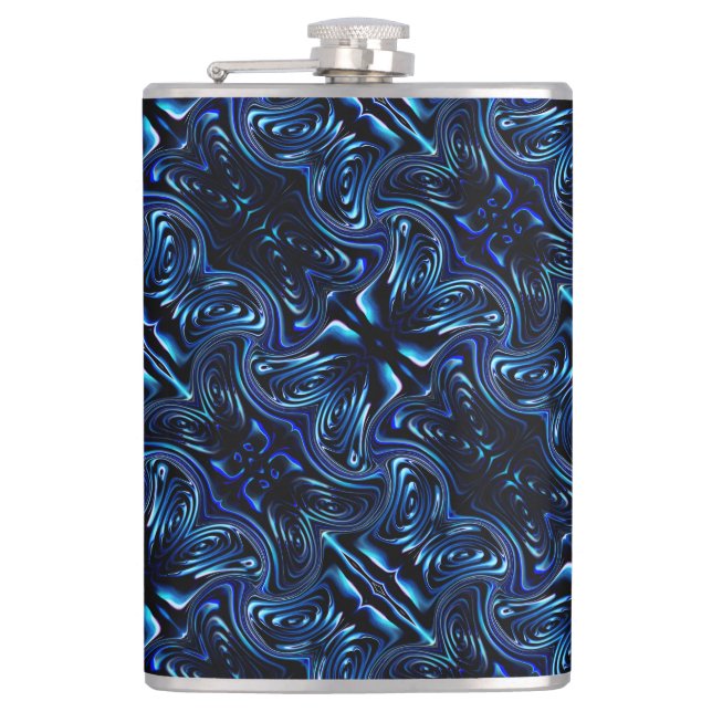 Spegling av formad blomma och fjäril på mörk blått fickplunta (Framsidan)