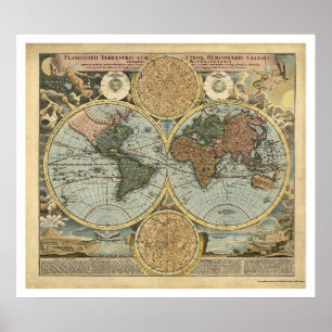 Spektakulärt Karta i världen av Homann 1716 Poster
