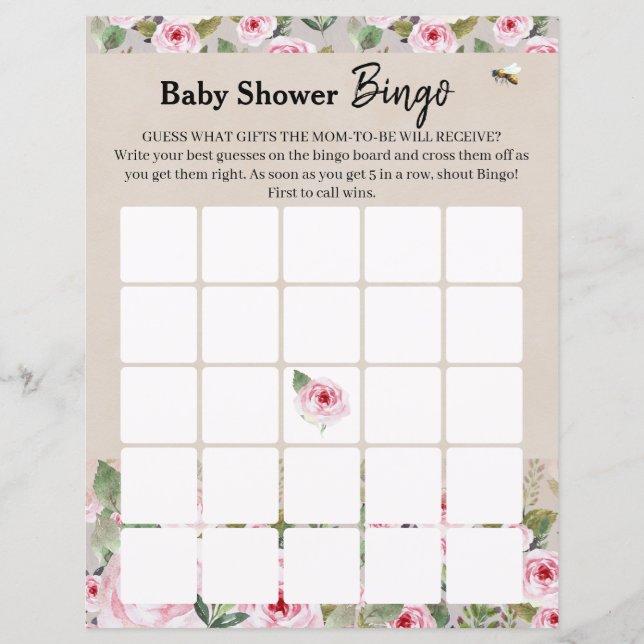 Spel "Bingo" för baby shower. (Framsida)