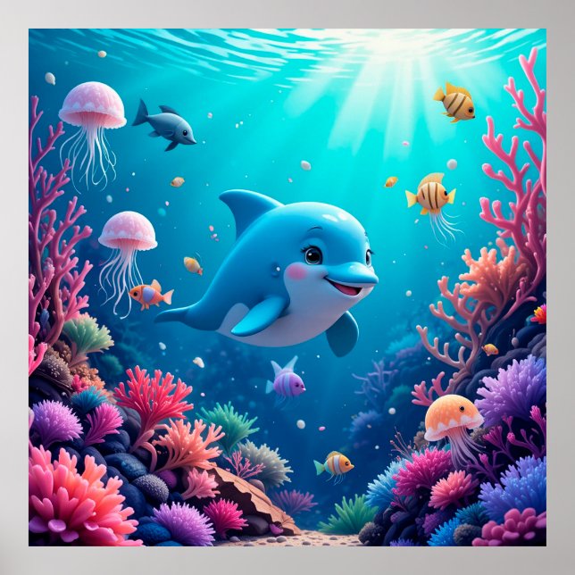 Spel delfin och färgat marint liv poster (Framsidan)