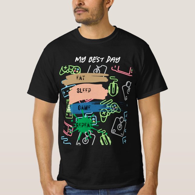 Spel: EAT SLEEP GAME REPEAT - anpassa text T Shirt (Framsida)