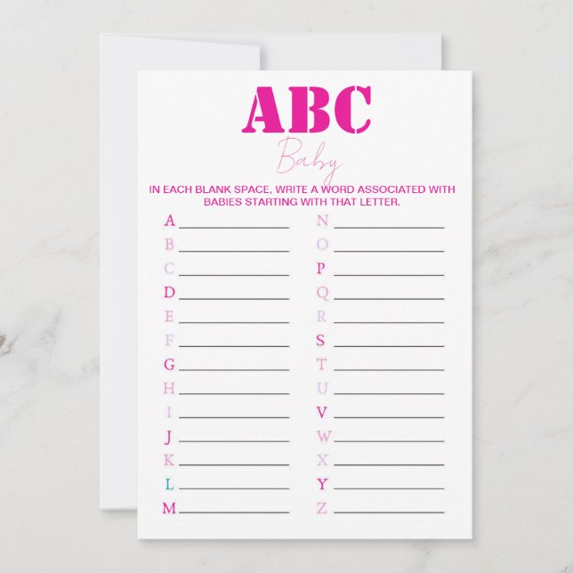 Spel för ABC Alphabet Baby Shower Game - Rosa Inbjudningar (Framsida)