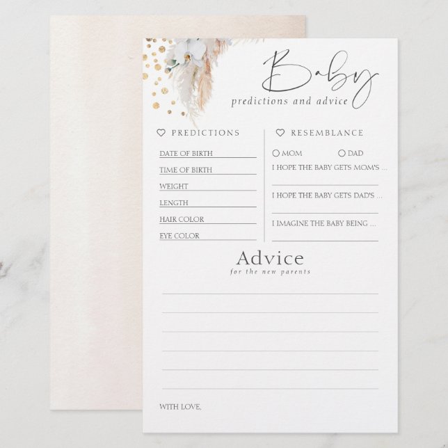 Spel för Baby-förutsägelser och råd för babyskor (Fram/baksida)