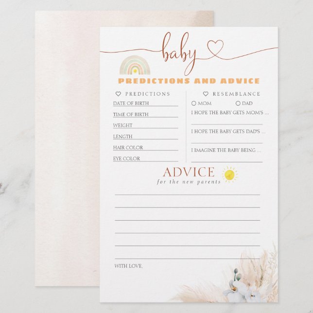 Spel för Baby-förutsägelser och råd för babyskor (Fram/baksida)