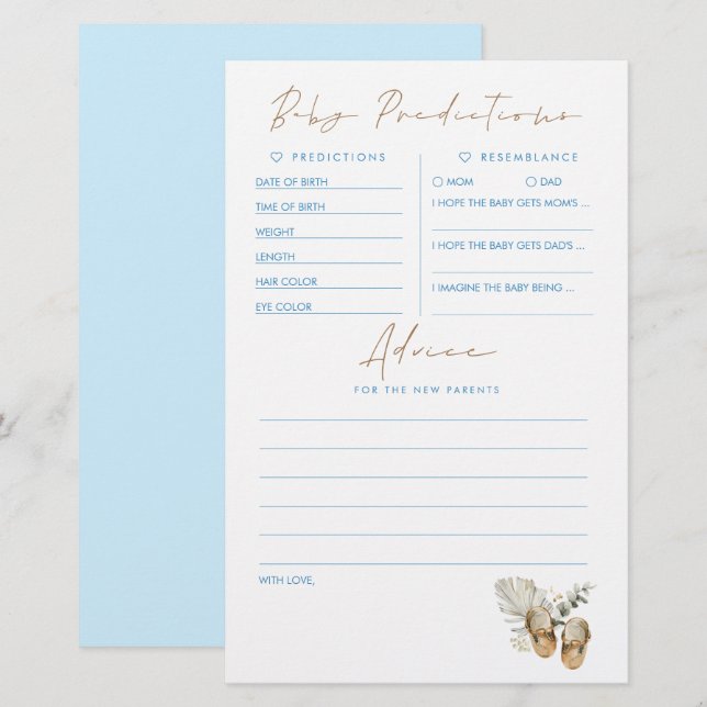 Spel för Baby-förutsägelser och råd för babyskor (Fram/baksida)