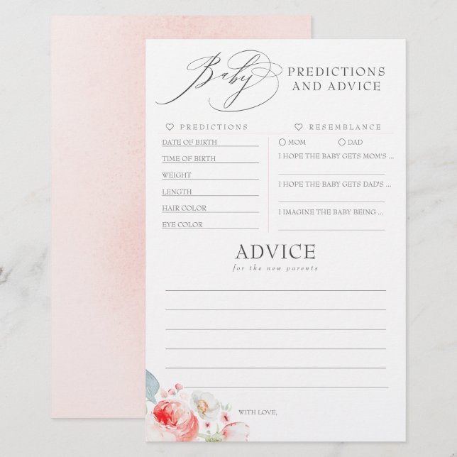 Spel för Baby-förutsägelser och råd för babyskor (Fram/baksida)