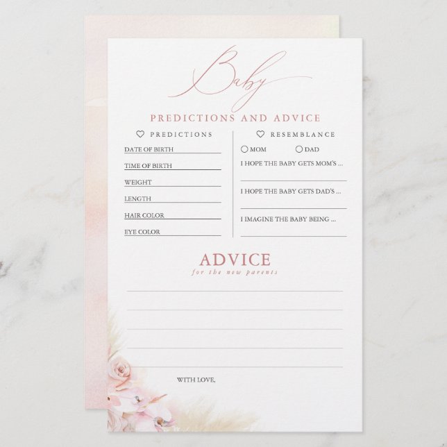 Spel för Baby-förutsägelser och råd för babyskor (Fram/baksida)