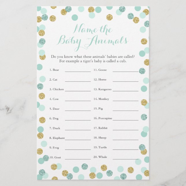 Spel för minnen och Guld, Baby djur Namn (Framsida)