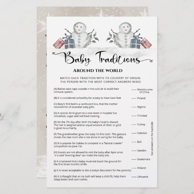 Spel för Snögubbe-babyskor i baby-traditioner (Fram/baksida)