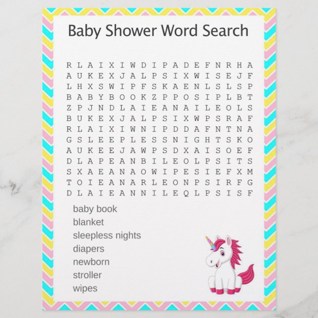 Spel för Uncorn Ord Search Baby Shower (Framsida)