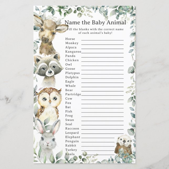 Spel från Woodland Animals Greenery Namn Baby djur (Framsida)