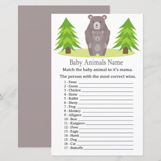 Spel i Cute Bear Baby djur Namn (Fram/baksida)