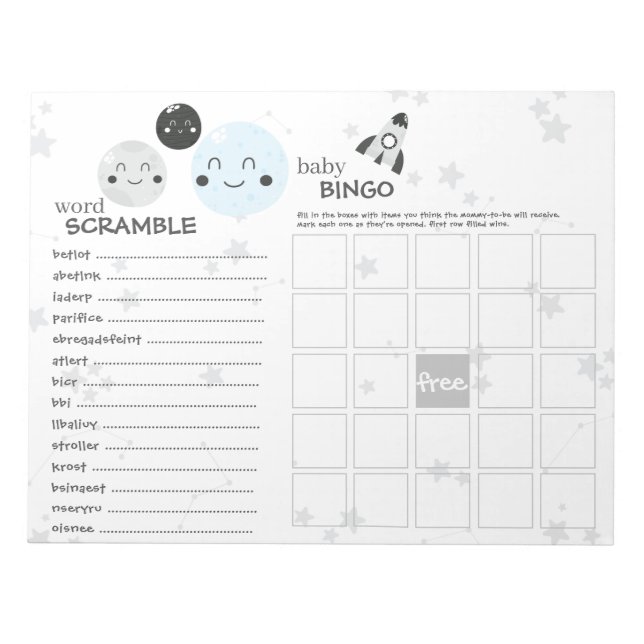 Spel i Cute Blue Kawaii Planet & Måne Baby Shower  Anteckningsblock (Framsida)