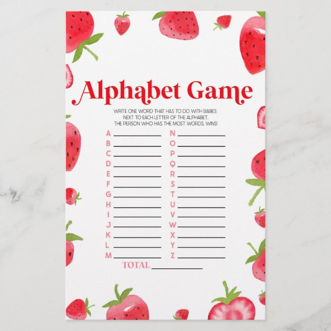 Spel i jordgubbsberry Alphabet Baby Shower Game Brevpapper (Framsida)