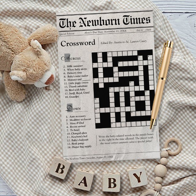 Spel i spaper om babystölder Crossword Puzzle-spel (The Newborn Times cute newspaper theme baby shower baby words crossword puzzle game card, black)