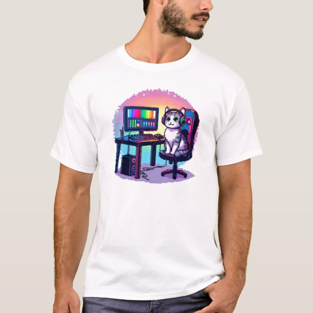 Spel Meow-ver - Pixel Cat Gamer Vibes T Shirt (Framsida)