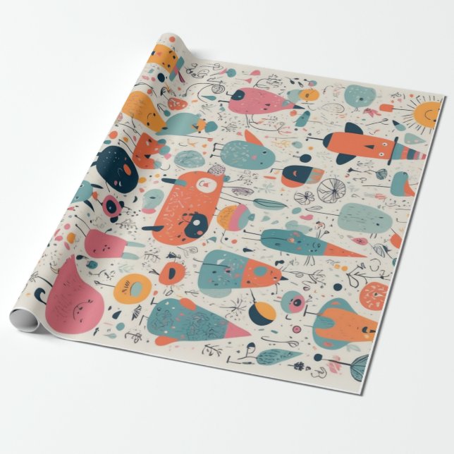 Spel och färglös doodle-stil mönster presentpapper (Utrullad)