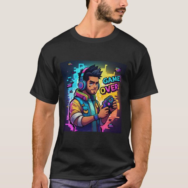 Spel över Neon Gamer T-Shirt Futuristiska Cyberpun (Framsida)