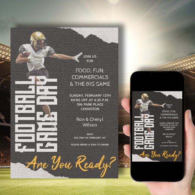 Spel på Football Player Black Inbjudningar (American Football Player on Black Bowl Game Invitations - order INSTANT DOWNLOAD, PRINTED or both!)