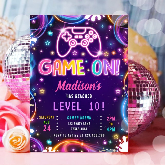 Spel på spelvideospel Neon Glow Girl Birthday Inbjudningar (Skapare uppladdad)