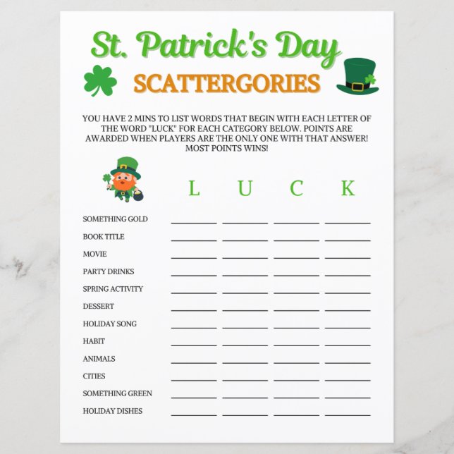Spel på St. Patrick's Day Scattergories (Framsida)