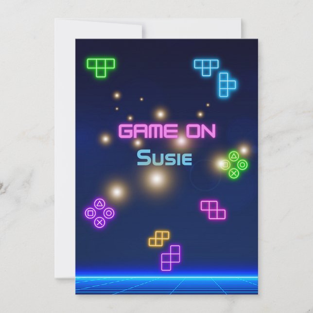 Spel på video neongrön gamer, rosa, blå inbjudningar (Framsida)