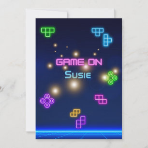 Spel på video neongrön gamer, rosa, blå inbjudningar