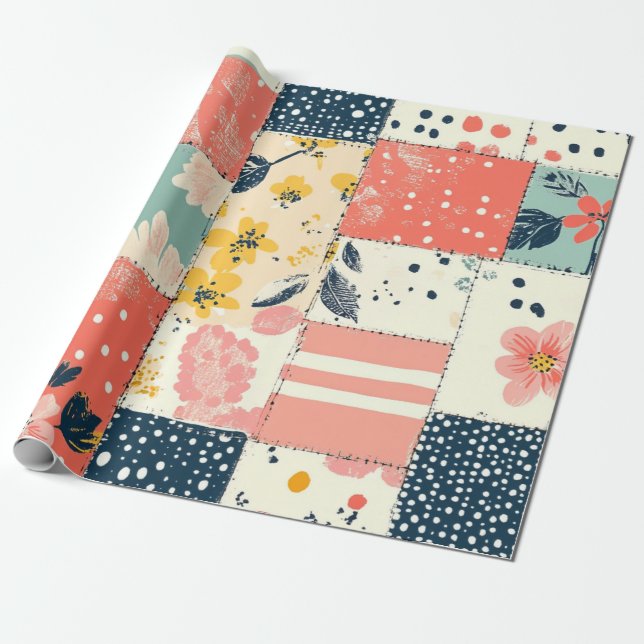 Spel Pastel Blommigt Patchwork Mönster Presentpapper (Utrullad)
